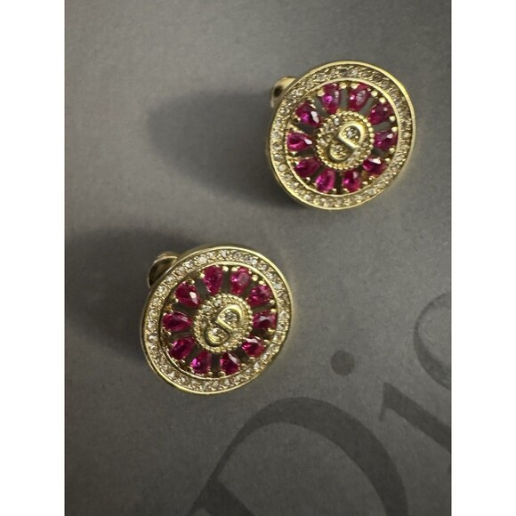 Christian Dior Stamped CD Authentic Magenta Crystals Medallion Stud Earrings - Picture 1 of 16